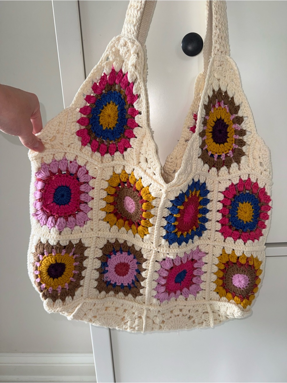 Pull&Bear Cream Crochet Shoulder Bag with Pink, Blue, Yellow & Brown Accents